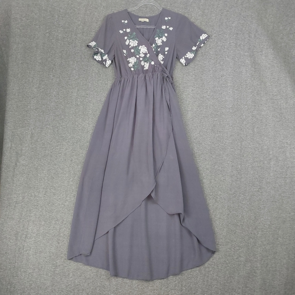 Polagram Lavender High-Low Wrap Dress with Floral Embroidery